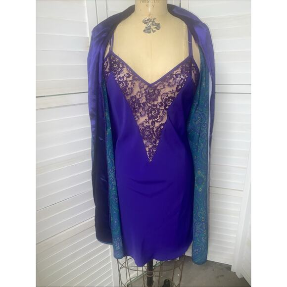 90s 2 Piece Set Victoria’s Secret Gold Label Paisley Satin Wrap Robe & Chemise M - Picture 7 of 12